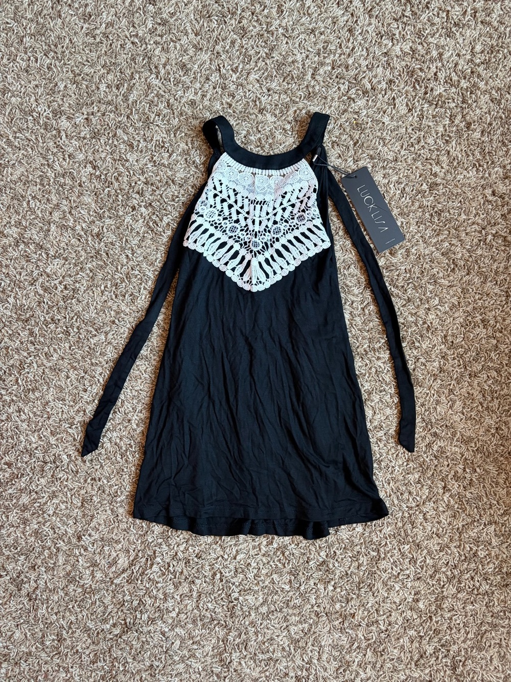 black tank top with white crochet yoke